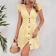 Load image into Gallery viewer, Summer V-neck Single-breasted Fly-sleeve Women's Shirt Dresses With Elegant Splicing Stripe Printing Beach Style Dress