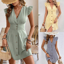Load image into Gallery viewer, Summer V-neck Single-breasted Fly-sleeve Women's Shirt Dresses With Elegant Splicing Stripe Printing Beach Style Dress