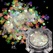 Load image into Gallery viewer, 1 box Holographic Nail Glitter Mix Star Round Heart Flakes Mermaid Mirror Irregular Paillette Sequins 3D Nail Art Decor TR680/AB