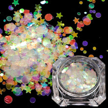 Load image into Gallery viewer, 1 box Holographic Nail Glitter Mix Star Round Heart Flakes Mermaid Mirror Irregular Paillette Sequins 3D Nail Art Decor TR680/AB
