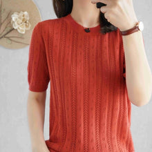 Load image into Gallery viewer, 100%  cotton short-sleeved women's T-shirt short section loose hollow knitted cotton sweater summer new O-neck pullover sweater