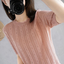 Load image into Gallery viewer, 100%  cotton short-sleeved women's T-shirt short section loose hollow knitted cotton sweater summer new O-neck pullover sweater