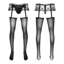 Load image into Gallery viewer, 1Pc Men Sheer Lace Hollow Out Pantyhose Sissy Skirted Garters Stockings Bulge Pouch G-String Glossy Leggings Underwear