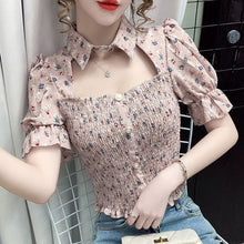 Load image into Gallery viewer, 2021 Summer Sexy Floral Tops for Women Cut Out Print Slim Kawaii Sweet Blouse Wrinkle Short Sleeve Korean Fashion Elegant Shirts