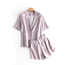 Load image into Gallery viewer, 2021 Summer Two Pieces Cotton Linen Suits Women Short Sleeve Blazer Coat tops Blouse+Elastic Waist Short Pants Trousers Sets