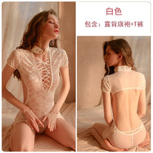 Load image into Gallery viewer, 2022 Sexy Lace See-through Backless Cheongsam Uniform With Thong Women Erotic Lingerie Gothic Mini Qipao Home Wear Nightdress
