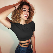 Load image into Gallery viewer, 2022 Summer Women Black Short T-Shirts Sexy Crop Tops Short Sleeve Bandage Tee Tops Female Shirts