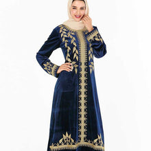 Load image into Gallery viewer, Abaya Muslim Fashion Oversized Size Women's Dark Blue Embroidered Arabic Gold Velvet Dress With Headscarf Moroccan Woman Clothes