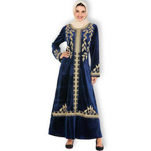 Load image into Gallery viewer, Abaya Muslim Fashion Oversized Size Women's Dark Blue Embroidered Arabic Gold Velvet Dress With Headscarf Moroccan Woman Clothes