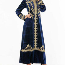 Load image into Gallery viewer, Abaya Muslim Fashion Oversized Size Women's Dark Blue Embroidered Arabic Gold Velvet Dress With Headscarf Moroccan Woman Clothes