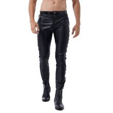 Load image into Gallery viewer, Autumn Men Leather Pants Skinny Fit Elastic Plus Size PU Leather Trousers Windproof Casual Motorcycle Trousers Pants Streetwear