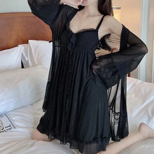 Load image into Gallery viewer, Black Mesh Pajama Sexy Lingerie Dress Bath Robe Nightdress Chest Pad Lace Retro Palace Fairy Two Piece Set Night Wear Women Set