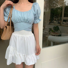 Load image into Gallery viewer, Casual Korean Elegant Blouses Women Backless Bule Sexy Chic Sweet Cute Shirts Puff Sleeve Bow Bandage Fashion Designer Beach Top