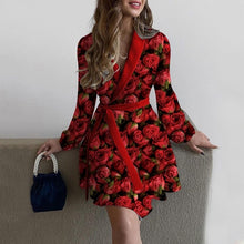 Load image into Gallery viewer, Casual Women's Homewear Fashion Rose Flower Print Pajamas Lapel Long Sleeve Dress Nightgown Lightweight Short Fluffy Bathrobe