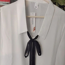 Load image into Gallery viewer, Chiffon Three Quarter Sleeve Shirts Bow Patchwork Design Blouses Spring Fall Casual Tops Korean Trendy Soft Lightweight Clothes