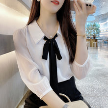 Load image into Gallery viewer, Chiffon Three Quarter Sleeve Shirts Bow Patchwork Design Blouses Spring Fall Casual Tops Korean Trendy Soft Lightweight Clothes
