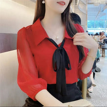 Load image into Gallery viewer, Chiffon Three Quarter Sleeve Shirts Bow Patchwork Design Blouses Spring Fall Casual Tops Korean Trendy Soft Lightweight Clothes