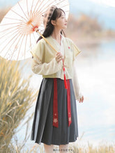 Load image into Gallery viewer, Chinese Style Embroidered Retro Hanfu Three Piece Set Women Diagonal Lace-up V-neck Blouse+Crop Vest+Streamer Pleated Dress Suit