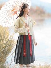 Load image into Gallery viewer, Chinese Style Embroidered Retro Hanfu Three Piece Set Women Diagonal Lace-up V-neck Blouse+Crop Vest+Streamer Pleated Dress Suit