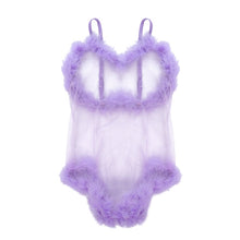 Load image into Gallery viewer, Christmas Costume V-Neck Mesh Sheer Sexy Lingerie Bodysuit Erotic Spaghetti Strap Jumpsuits For Women Feather Patchwork Wear