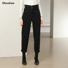 Load image into Gallery viewer, Classic Jeans Women High Waist Loose Black Denim Pants 100%Cotton Ruffle Elastic Waist Female Fashion Autumn Winter New Jean