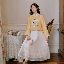 Load image into Gallery viewer, College Style Retro Hanfu Two Piece Set Women Autumn Cross-collar Bow Tie Crop Top+Long Sleeved Chiffon Print Dress Suit Fall