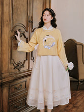 Load image into Gallery viewer, College Style Retro Hanfu Two Piece Set Women Autumn Cross-collar Bow Tie Crop Top+Long Sleeved Chiffon Print Dress Suit Fall