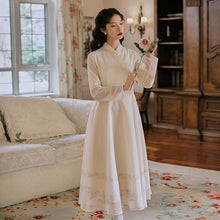 Load image into Gallery viewer, College Style Retro Hanfu Two Piece Set Women Autumn Cross-collar Bow Tie Crop Top+Long Sleeved Chiffon Print Dress Suit Fall