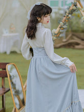 Load image into Gallery viewer, Elegant Lolita 2 Piece Sets Womens Outfits Vintage Peter Pan Collar Lantern Sleeve White Shirt And Bandage Stripe Long Skirt