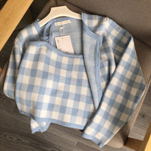 Load image into Gallery viewer, Fashion Pink Plaid Cardigan Sweaters Women Autumn New Loose Long Sleeve Tops Chic Korean Camisole 2 Piece Sets Sweet