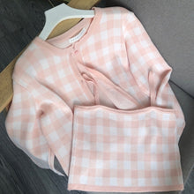 Load image into Gallery viewer, Fashion Pink Plaid Cardigan Sweaters Women Autumn New Loose Long Sleeve Tops Chic Korean Camisole 2 Piece Sets Sweet