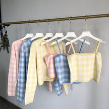 Load image into Gallery viewer, Fashion Pink Plaid Cardigan Sweaters Women Autumn New Loose Long Sleeve Tops Chic Korean Camisole 2 Piece Sets Sweet