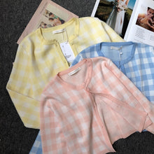 Load image into Gallery viewer, Fashion Pink Plaid Cardigan Sweaters Women Autumn New Loose Long Sleeve Tops Chic Korean Camisole 2 Piece Sets Sweet