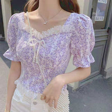 Load image into Gallery viewer, Floral Elegant Blouse Female Summer 2021 Purple Sweet Cute Korean Style Top Women Lace Slim High Street Casual Shirts Boho Print