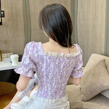 Load image into Gallery viewer, Floral Elegant Blouse Female Summer 2021 Purple Sweet Cute Korean Style Top Women Lace Slim High Street Casual Shirts Boho Print