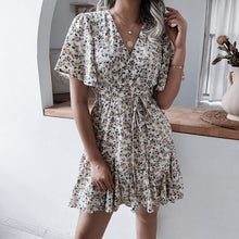 Load image into Gallery viewer, Floral Print Chiffon Dress 2022 Summer Short Sleeve Mini Dresses Girls Sexy V-neck Beach Dresses Short Dress Sundress Vestidos