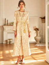 Load image into Gallery viewer, Gold Powder Jacquard Hand-stitched Diamond Cardigan Robe Muslim Jacket Dubai Middle East Women's Clothing Moroccan Party Dress