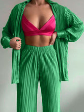 Load image into Gallery viewer, Green Women's Shirt Pleated Two Piece Set Loose High Waist Wide Leg Pants Suit 2022 Casual Elegant Office Ladies Female Outfits