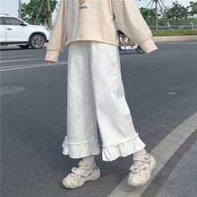 Load image into Gallery viewer, Japanese Sweet Ruffles Pants Cute Mori Girl Solid All Match Wide Leg Kawaii Trousers Women Simple Casual Loose Pantalones