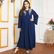 Load image into Gallery viewer, Ladies Oversized Golden Embroidery V-neck Stitching Fashion And Elegant Muslim Dark Blue Long Skirt Ramadan Dress For Eid