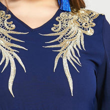 Load image into Gallery viewer, Ladies Oversized Golden Embroidery V-neck Stitching Fashion And Elegant Muslim Dark Blue Long Skirt Ramadan Dress For Eid