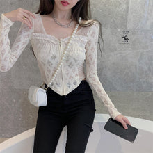Load image into Gallery viewer, Long Sleeve Lace Patchwork Blouse Women Blouse Zipper Sexy Square Collar Slim Elegant Shirts Autumn Casual Crop Tops Fairycore