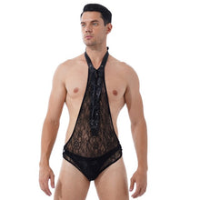 Load image into Gallery viewer, Mens Erotic Bodycon Jumpsuits Floral Lace Deep V One-piece Bodysuit Sissy Nightwear Halter Lace-up Open Butt See-through Leotard