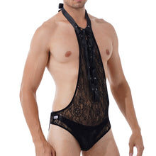Load image into Gallery viewer, Mens Erotic Bodycon Jumpsuits Floral Lace Deep V One-piece Bodysuit Sissy Nightwear Halter Lace-up Open Butt See-through Leotard