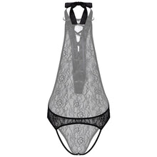 Load image into Gallery viewer, Mens Erotic Bodycon Jumpsuits Floral Lace Deep V One-piece Bodysuit Sissy Nightwear Halter Lace-up Open Butt See-through Leotard