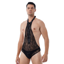 Load image into Gallery viewer, Mens Erotic Bodycon Jumpsuits Floral Lace Deep V One-piece Bodysuit Sissy Nightwear Halter Lace-up Open Butt See-through Leotard