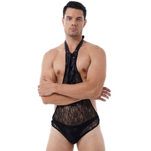 Load image into Gallery viewer, Mens Erotic Bodycon Jumpsuits Floral Lace Deep V One-piece Bodysuit Sissy Nightwear Halter Lace-up Open Butt See-through Leotard