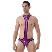 Load image into Gallery viewer, Mens Erotic Jumpsuits O Ring Patent Leather One-piece Bodysuit Round Neck Bulge Pouch Open Butt Leotard Club Stage Show Costume