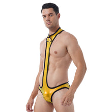 Load image into Gallery viewer, Mens Erotic Jumpsuits O Ring Patent Leather One-piece Bodysuit Round Neck Bulge Pouch Open Butt Leotard Club Stage Show Costume