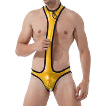 Load image into Gallery viewer, Mens Erotic Jumpsuits O Ring Patent Leather One-piece Bodysuit Round Neck Bulge Pouch Open Butt Leotard Club Stage Show Costume